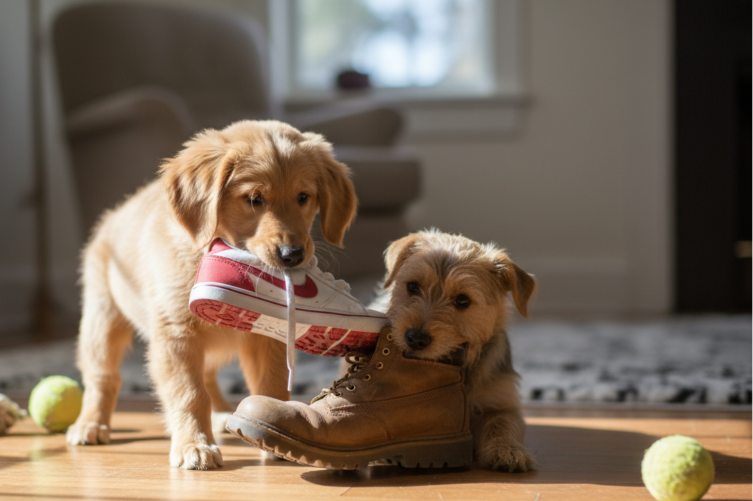 2 puppies with shoes