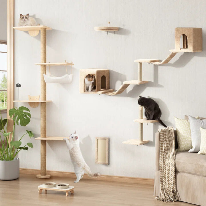 Elevate Your Cat's Playtime with the Darkiel 7-Piece Wall-Mounted Climbing Tower