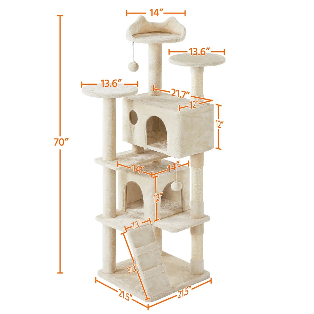 Ultimate 70" Double Condo Cat Tree with Scratching Posts - Creamy Comfort for Your Feline Friends!